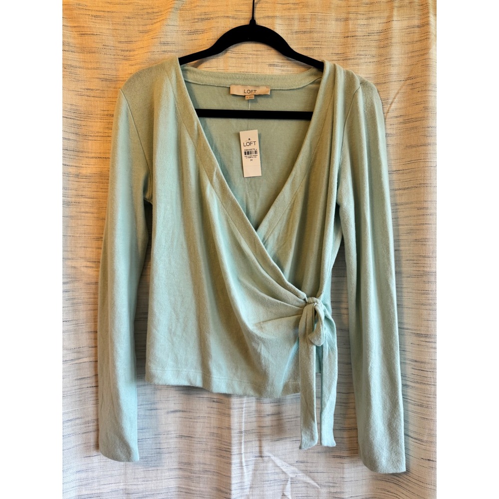 LOFT Womens Seafoam Green Long Sleeve Wrap Tie Knit Sweater Top NWT Size M